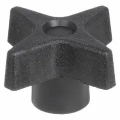 This 4-arm knob features a 1.75-inch diameter, plastic construction with a steel threaded insert, and a 1/4"-20 thread size. It is used for manual clamping, positioning, and adjustment on industrial machinery, jigs, and fixtures, providing a secure grip for frequent hand-tightening applications.