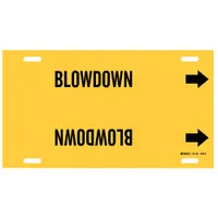 Yellow strap-on pipe marker with black legend reading 'Blowdown' and directional arrows. Fits pipe outer diameters from 8 to 9-7/8 inches. Used to identify blowdown lines in industrial piping systems, indicating pipe contents and flow direction