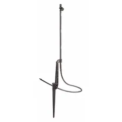 Black plastic drip microspray on stake for use with 1/2 in drip irrigation tubing. Delivers a half-circle spray pattern for targeted watering. Includes an 8 in stake and 36 in of 1/4 in tubing with barbed fitting.