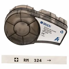Thermal transfer continuous label roll cartridge for BMP21-LAB printer series. 21 ft length, 3/8 in width, autoclavable polyester material with black print on clear background. Designed for labeling 0.6 mL vials and tubes in laboratory environments requiring sterilization.