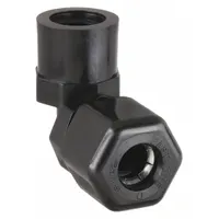 This polypropylene compression fitting elbow connects 5/8 in OD tubing to a 1/2 in FNPTF threaded port. It is used in industrial fluid systems for routing tubing around corners. The fitting meets NSF/ANSI 51 standards for material compliance