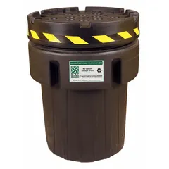This 95-gallon nestable plastic overpack drum is constructed from unlined LLDPE with an open head and screw-on lid. It carries UN ratings 1H2/Y345/S for solids and 1H2/Y345/S/**/USA/M5904 for liquids, and is marked as an Overpack/Salvage Drum. The polyethylene closing ring secures the lid. Typical applications include secondary containment for leaking or damaged drums during storage and transport.