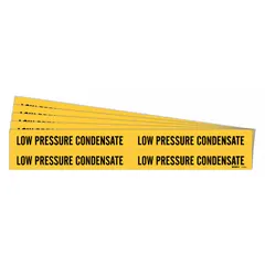 Yellow adhesive pipe markers with black legend reading 'Low Pressure Condensate'. Designed for pipe outer diameters from 3/4 to 2-3/8 inches. Pack of 5 markers without directional arrows. Used to identify low pressure condensate piping in steam, HVAC, and industrial systems.