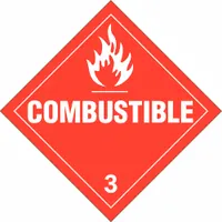 This BRADY placard is a 10 3/4 in x 10 3/4 in Class 3 placard with a 'Combustible' message. It is used to identify containers holding combustible liquids for regulatory compliance during transport and storage