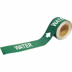 Green adhesive pipe marker with white legend reading 'Water' and directional arrows. Designed for pipes with outer diameter of 2-1/2 to 6 inches. Each roll contains 25 markers for identifying water lines in industrial piping systems.