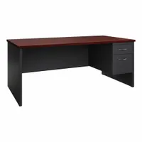 This HIRSH single pedestal desk features a mahogany melamine laminate desktop with particleboard core and a charcoal steel frame. It includes one pedestal with two drawers and a modesty panel, providing a compact workstation for administrative tasks and document storage