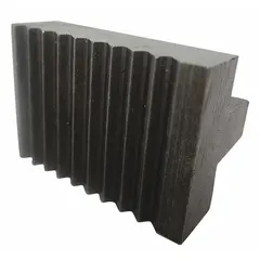 This carbon steel heel jaw features a serrated texture for gripping pipes and fittings. It is used as a replacement part for pipe wrenches in plumbing, mechanical repair, and industrial maintenance applications.