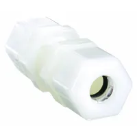 This nylon compression bulkhead union is designed to connect two 3/8 in OD tubes through a panel or wall. Suitable for use in pneumatic, water, and light chemical fluid systems, it provides a leak-resistant joint. Constructed from nylon for corrosion resistance
