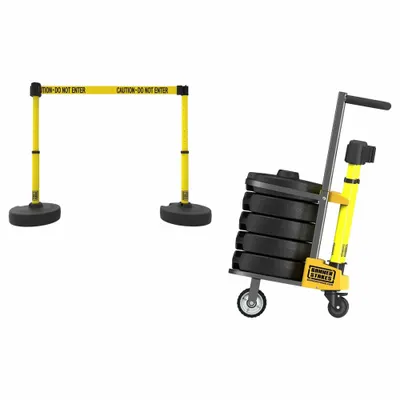 BANNER STAKES Sistem Penghalang Sabuk: 42 in Tinggi Tiang, 15 ft Panjang Sabuk, Kuning, 4 Jumlah Tiang - Mobile Retractable Belt Barrier Systems