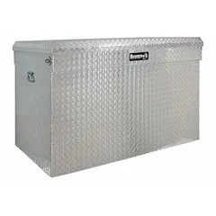 This single-lid utility chest truck box is constructed of aluminum with a silver finish. It features a push-button latch and a keyed lock for security. With an overall depth of 30 inches, it is designed for mounting in pickup trucks to provide organized storage for tools and equipment.