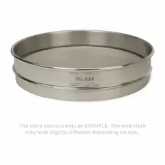 This test sieve features a stainless steel frame and stainless steel cloth mesh with a #10 US Standard Screen Size. It has a 12-inch outside diameter and 2 5/8-inch height, conforming to ASTM E11 standards. Used for particle size analysis and material classification in laboratory and industrial settings.