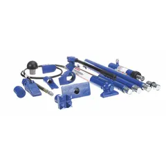 This body repair maintenance set includes a 10-ton nominal capacity cylinder for pushing, pulling, and straightening operations. Suitable for automotive frame alignment and panel correction in collision repair and industrial maintenance settings.