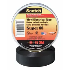 Vinyl electrical tape with rubber adhesive, 8.5 mil thick, rated for 600V. Used for insulating wires, splicing cables, and bundling conductors in electrical maintenance and control panel applications.