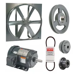 Unassembled belt-drive panel exhaust fan with drive package. Features a 30-inch blade, 1 hp motor, and 11061 cfm airflow at 230/460V AC, 3-phase. Motor is totally enclosed fan-cooled with Class F insulation. Frame is zinc-plated steel. Suitable for high-volume air movement in industrial spaces such as warehouses and factories. Supplied without intake guards.