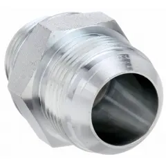 Steel hydraulic hose adapter with 1 in and 3/4 in NPTF male threads, rigid straight design. Used to connect hydraulic hoses or components in fluid power systems.