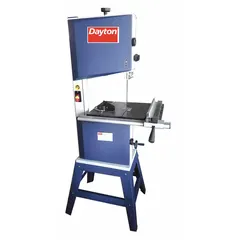 Vertical band saw with two speeds ranging from 1,445 to 3,150 SFPM. Operates on 120V AC and features a 13-inch throat depth. The saw head tilts from 0° to 45° for angled cuts. Designed for wood-cutting applications such as cutting lumber and plywood.