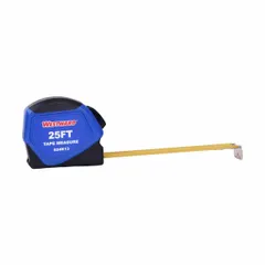 This 25 ft tape measure features SAE inch markings with 1/16 in graduations and stud markings. The magnetic single hook tip enables one-person operation on ferrous surfaces. An auto-lock mechanism holds the blade at the desired extension. The plastic body with rubberized grip provides a secure hold.