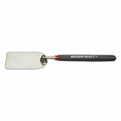 This inspection mirror features a rectangular steel mirror measuring 3 3/4 inches long by 2 inches wide. The PVC handle provides a secure grip. It is used for visual inspection of hard-to-see areas in automotive, industrial, and maintenance applications, allowing technicians to view around obstacles in engines, machinery, and confined spaces.
