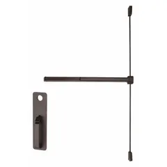 Surface vertical rod exit device in bronze finish with touchbar and thumbpiece pull. Designed for doors up to 4 ft wide. Suitable for use in commercial buildings requiring reliable egress actuation.