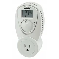 This nonprogrammable thermostat controls portable heaters by switching on or off based on room temperature. It features a digital display, thermistor sensor, and SPST open-on-rise switch action. The temperature control range is 5° to 35°C with a 1°F differential. The PVC enclosure is not rated.