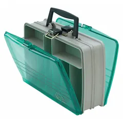 Plastic compartmented box with fixed dividers, featuring 20 compartments. Each compartment measures 12-1/2 in x 4-1/8 in. Color is Beige/Green. Not electrostatic discharge conductive. Suitable for organizing and storing small parts in workshops, garages, and industrial settings.