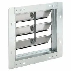 This wall-mount backdraft damper features a single-panel flat blade design for horizontal airflow. It mounts vertically and is rated for a maximum air velocity of 2000 fpm. Suitable for use in exhaust or intake systems to prevent reverse airflow when the fan is not operating.