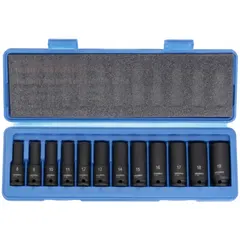 This 12-piece metric impact socket set features a 3/8 in drive and includes sockets ranging from 8 mm to 19 mm. Designed for use with impact wrenches in high-torque applications such as automotive repair and industrial maintenance.