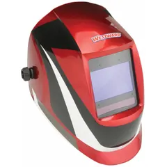 Auto-darkening welding helmet with black/red/white graphic design. Features 4 arc sensors, digital controls, and a welding shade range of W5-13. Includes grind mode, ratchet suspension adjustment, and a nylon shell. Viewing area measures 3.82 x 2.44 inches. Suitable for eye and face protection during welding operations.