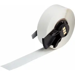 Continuous label roll of clear, glossy polyester for indoor use. Measures 1/2 inch by 50 feet. Compatible with M611 printer series. Suitable for asset identification, cable marking, and general facility labeling.