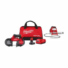 This 12 V DC cordless kit includes a grease gun and a portable band saw on the M12/M12 FUEL platform. The grease gun is suited for lubrication tasks, while the band saw handles cutting of metal and other materials. Typical applications include maintenance, repair, and on-site fabrication.