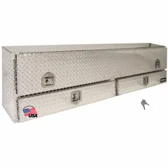 This topside truck box features a single flip-up door with T-Handle and keyed lock. It includes built-in drawers for organized storage of tools and equipment. Overall width is 88 inches, finished in black. Suitable for service and work truck applications requiring secure, weather-resistant storage.