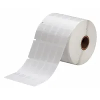 White matte vinyl precut wraparound label roll for wire identification. Measures 1 7/16 in x 1/2 in, suitable for 10 AWG to 4 AWG wire gauge. Compatible with THT printer series; requires R4313 ribbon. Used for marking conductors in electrical panels, control cabinets, and cable management