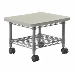 This media cart provides a single shelf for supporting office equipment such as fax machines or printers. It measures 19 inches wide, 16 inches deep, and 13 1/2 inches high, finished in gray. Suitable for use in offices, reception areas, or home workspaces.