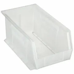 This clear plastic bin is designed for organizing small parts, components, and hardware in industrial workstations, warehouses, and assembly lines. The transparent body allows quick visual inventory checks, and the included label holder aids identification. It is not electrostatic discharge conductive, making it suitable for general storage applications.