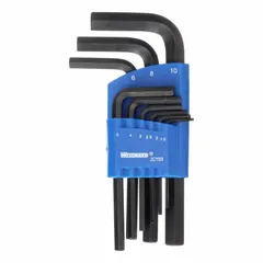 This L-shaped hex key set includes 9 metric keys with standard ends and short arms, finished in black oxide. The keys are organized in a holder for storage. Suitable for tightening or loosening hex socket screws and bolts in mechanical assembly, maintenance, and repair tasks.