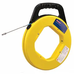 This non-conductive fish tape is 50 ft long with a round tape shape and manual wind retraction. It is used for pulling wires through conduit and other enclosed spaces in electrical installations.