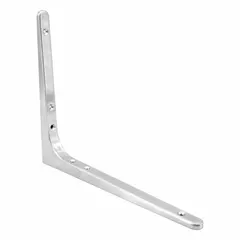 18-8 stainless steel shelf bracket with satin finish. Measures 9 25/64 in length, 11 27/32 in height, 25/32 in width. Supports 77 lb capacity. Suitable for industrial shelving, workstations, and cabinetry.