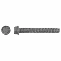 This heavy-duty hex-head concrete screw anchor is made from Grade 5 steel with a self-threading tip. It has a 1/2-inch diameter and 4-inch overall length, with an external hex head for wrench installation. The anchor is removable and supplied in a 25-pack. Typical applications include fastening structural elements, machinery, or equipment to concrete, brick, or block