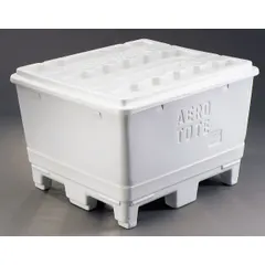 Rectangular rigid solid-wall bulk container with 18.07 cu ft capacity. Stacking capable and stationary with 4-way entry. Suitable for transporting bulk food products in industrial kitchens, food processing plants, and distribution centers. Lid not included.