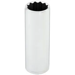 This 3/8" drive hand socket features a 24 mm metric size with a 12-point deep design. Constructed from chrome for corrosion resistance, it is used for tightening or loosening 24 mm hex fasteners in automotive repair, machinery maintenance, and general assembly tasks.