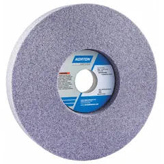 This NORTON Type 5 recessed grinding wheel measures 8 inches in diameter, 1 inch thick, with a 1-1/4 inch arbor hole. It features 32A aluminum oxide abrasive, 46 grit, and a J hardness vitrified bond (JVBE). Designed for moderate-to-heavy grinding of tool steels, the recessed shape provides closer access to work surfaces for sharpening, deburring, and shaping hardened steel components.