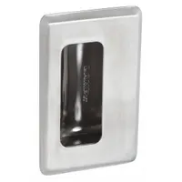 Stainless steel rectangular recessed pull handle with satin silver finish. Overall length 3.8 in, mounting via threaded holes. Supplied as a tray. Suitable for use on enclosures, cabinets, and panels where a flush grip is required