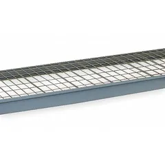 Steel wire decking shelf kit with 14-gauge beams and powder-coated dove gray finish. Includes steel wire deck. Suitable for organizing palletized or bulk loads in warehouse and industrial storage settings.