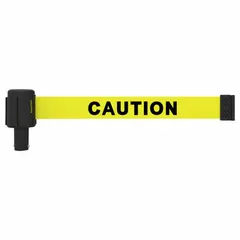 Replacement belt cassette for crowd-control stanchion systems. Features a 15 ft retractable belt with 2 1/2 in width, red/white diagonal stripe pattern, and 42 in overall height. Used to guide pedestrian traffic in public spaces.