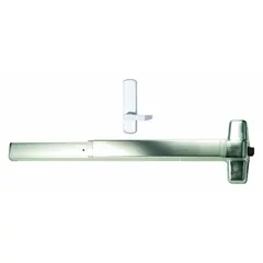 This VON DUPRIN rim-type exit device features a touchbar push pad and lever outside trim, finished in chrome. Designed for single doors up to 3 ft wide, it provides code-compliant egress for commercial and institutional openings. The device is ADA compliant for accessibility.