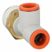 This SMC tube fitting is a push-fit tee connector made of polybutylene and brass, with a 1/2 in pipe size and white finish. It is used to branch pneumatic or low-pressure fluid lines in industrial automation, packaging, and material handling systems