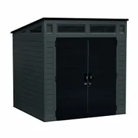 Plastic storage shed with single-slope roof, offering 317 cubic feet of capacity. Exterior dimensions 87 in W x 90 in D x 88 in H; interior 80 in L x 75 3/4 in D x 82 in H. Water resistant, unassembled, not rated for load. Suitable for outdoor storage of equipment, tools, and supplies
