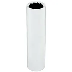 This 3/8" drive hand socket features an 11/32" SAE size with a 12-point deep configuration. Constructed from chrome, it is used for tightening or loosening hex fasteners in automotive, machinery, and general maintenance applications.