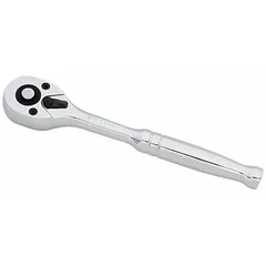 This standard-head ratchet features a reversible pear head design with a 5° minimum arc swing for use in confined spaces. The chrome-plated steel body measures 5-1/2 inches overall length. Suitable for tightening and loosening fasteners in automotive, machinery, and general assembly applications.