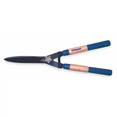 These hedge shears feature a steel blade and rubber handle with cushioned grip for trimming and shaping hedges, shrubs, and small branches in landscaping and garden maintenance. Overall length is 23 inches.